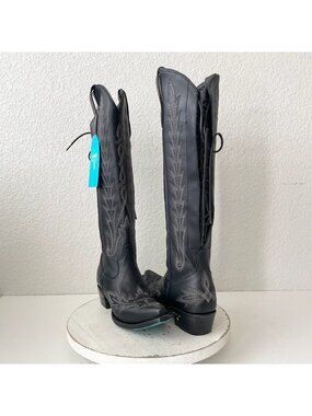 Lane LEXINGTON Knee High Jet Black Cowboy Boots Western Cowgirl Snip Toe Size 6